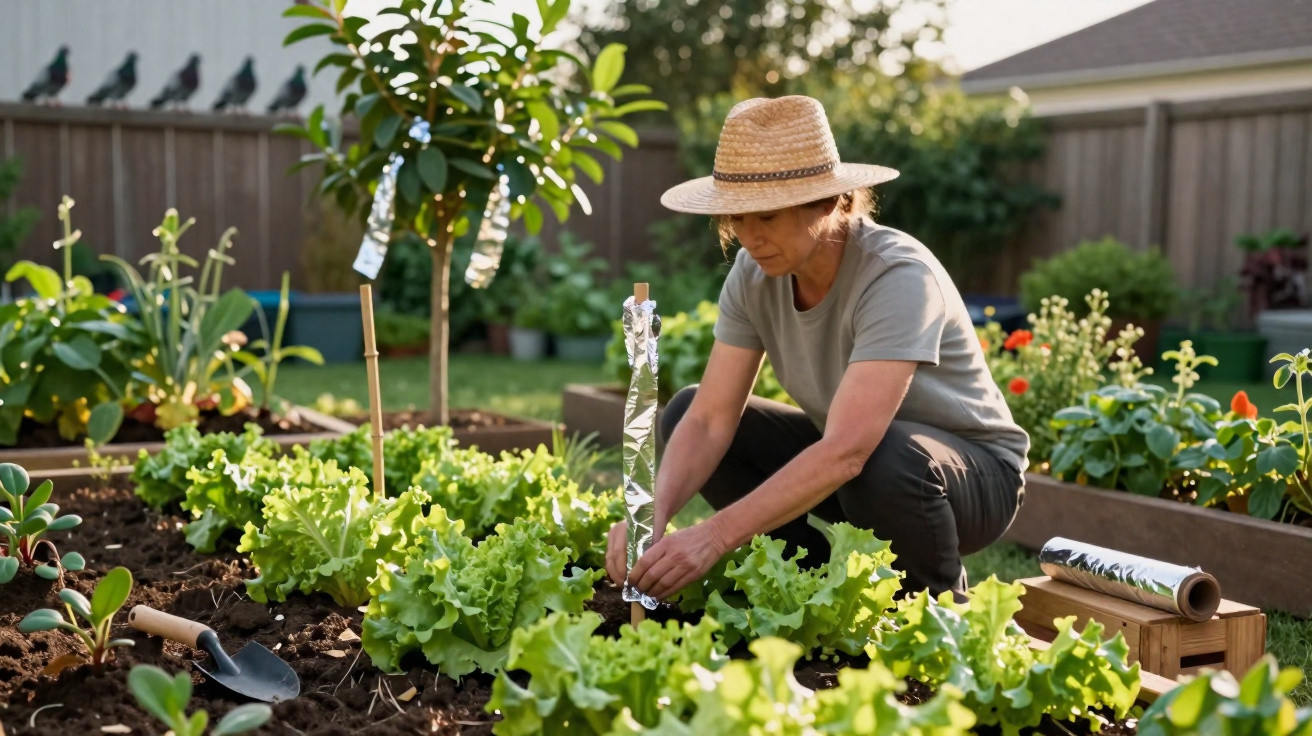 Frau mit Strohhut pflanzt Salat in einem sonnigen Garten in Hochbeeten bei Tageslicht.