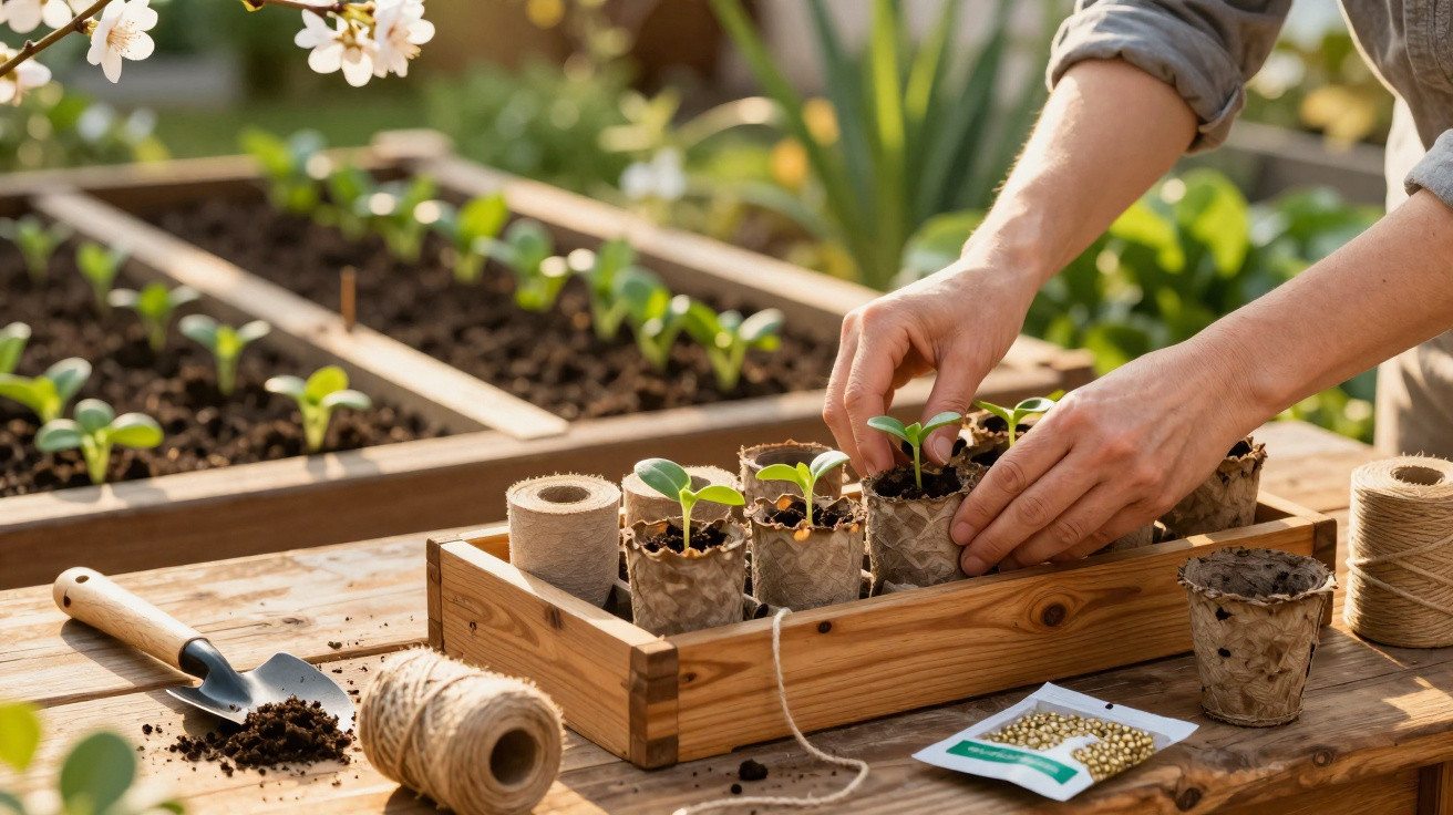 Hände setzen Jungpflanzen in kleine Töpfe auf einem Holztisch im Garten mit Gemüsebeeten im Hintergrund.