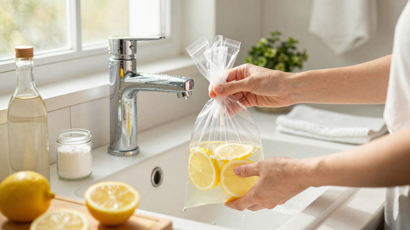 Hände halten Beutel mit Zitronenscheiben und Wasser über Küchenspüle mit Armatur und Zutaten.