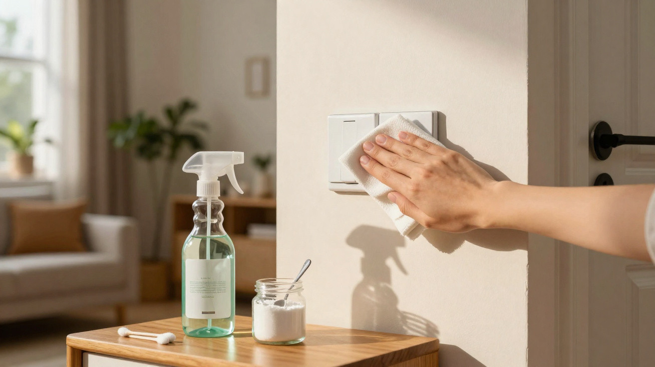 Hand wischt mit Tuch einen Lichtschalter an heller Wand, Reinigungsmittel auf Tisch im Vordergrund.