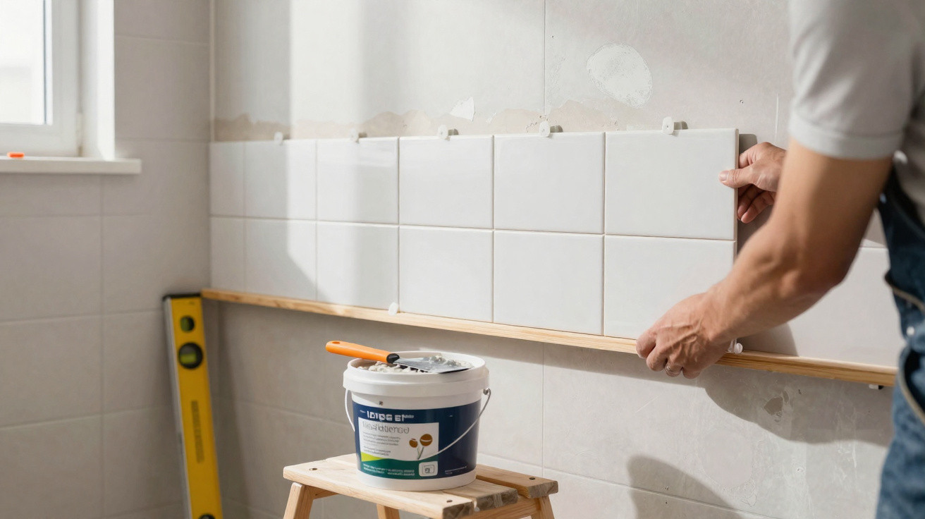 Mann verlegt weiße Fliesen an Wand, Eimer mit Fliesenkleber auf Holzbank, Wasserwaage an Wand lehnend.