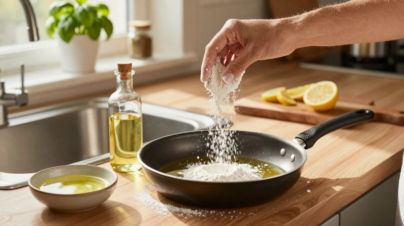 Hand streut Mehl in Pfanne mit Öl auf hellem Küchentresen, im Hintergrund Zitronenscheiben.