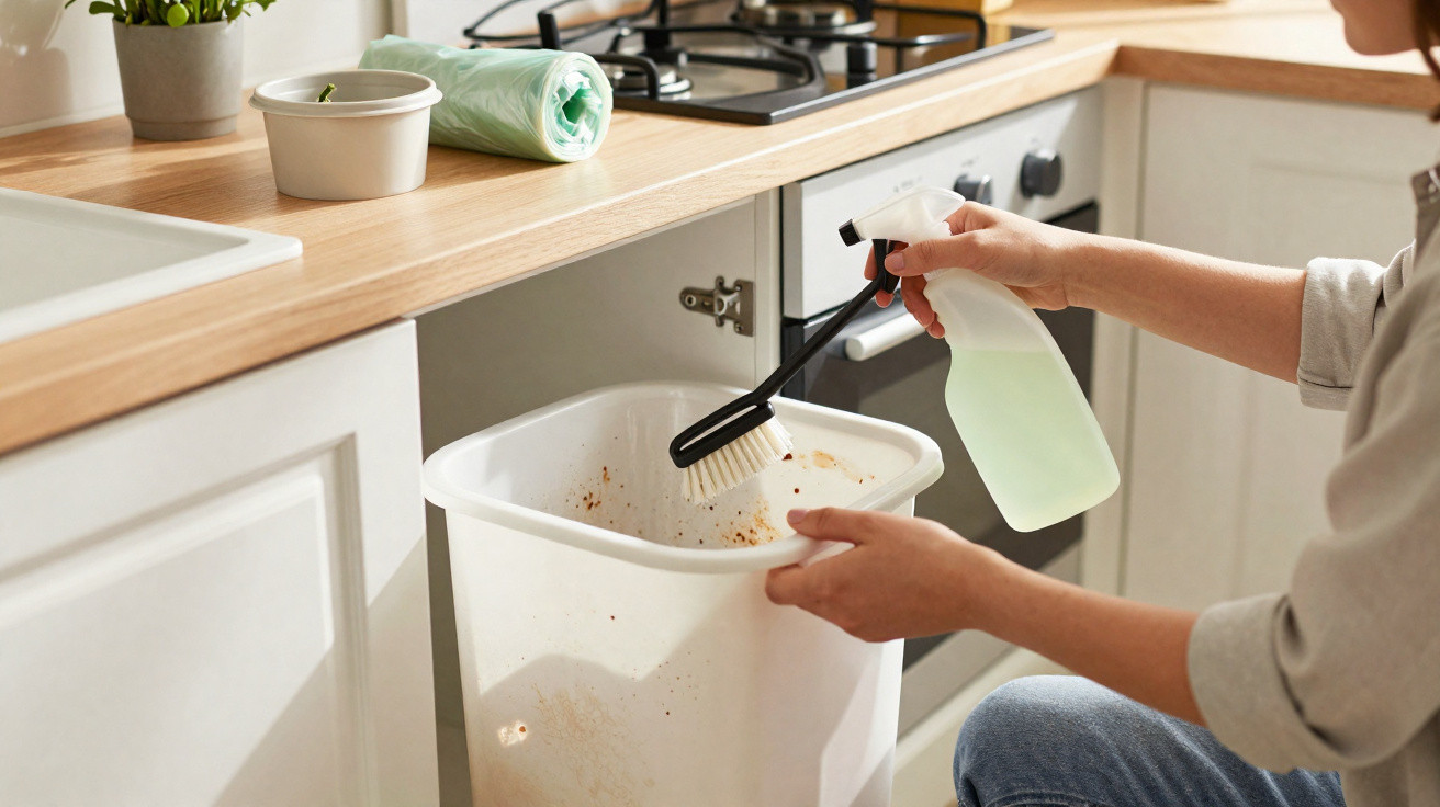 Person reinigt weißen Küchenmülleimer mit Bürste und Sprühflasche unter Arbeitsplatte in heller Küche.
