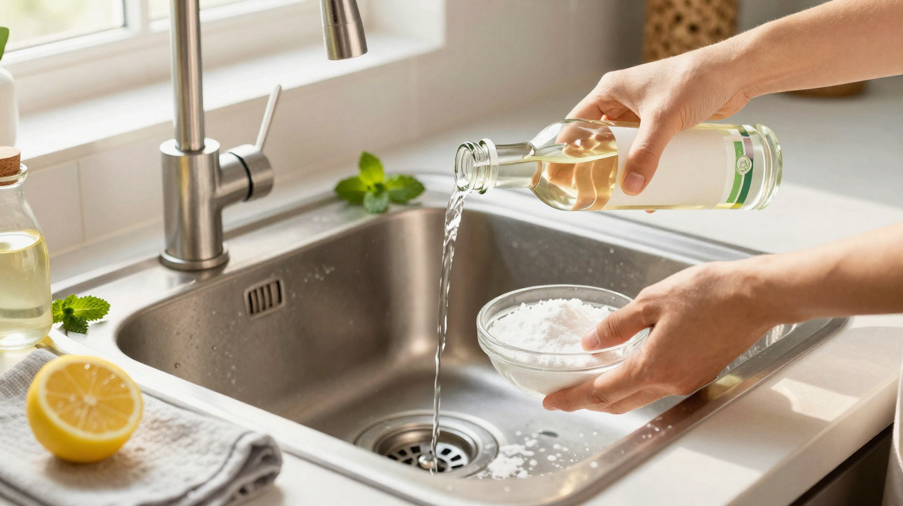 Hände gießen Essig in ein Glas mit Backpulver über der Küchenspüle neben Zitrone und Geschirrtuch.