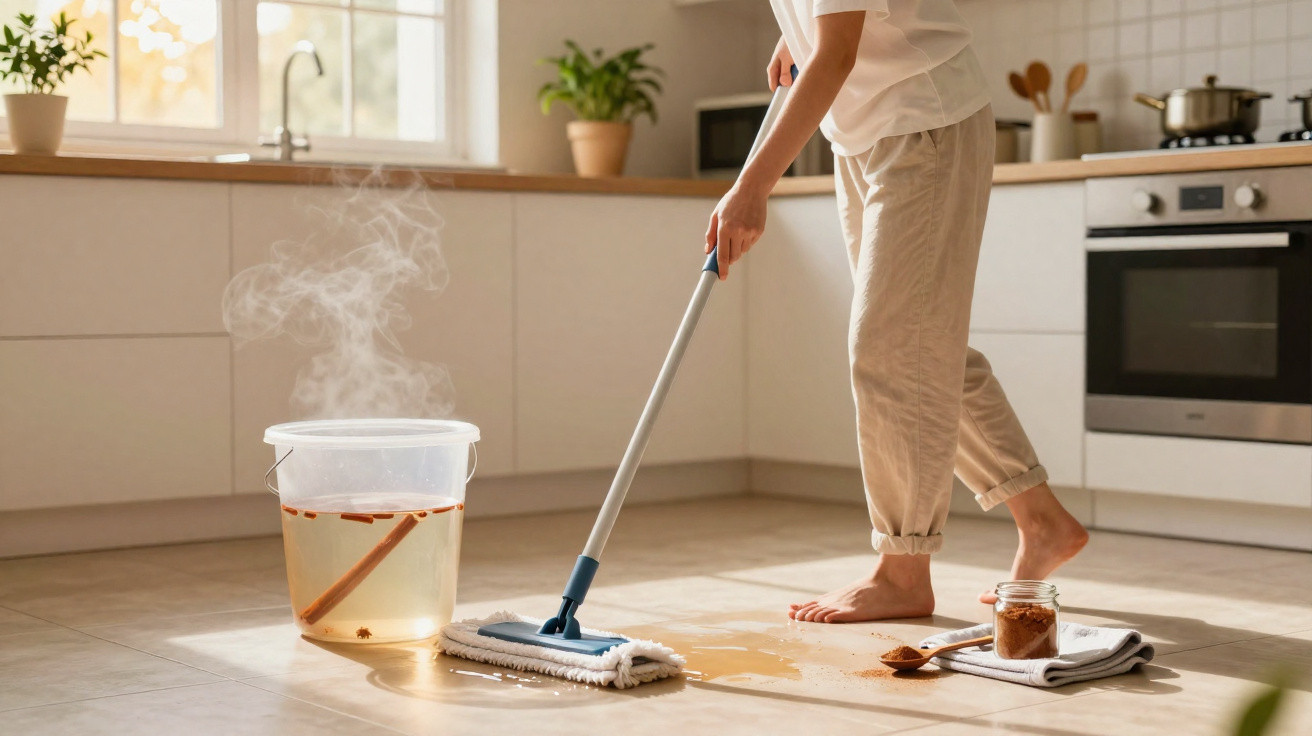 Person wischt Küchenboden mit Mop und heißem Wasser in hellem Raum mit Pflanzen und Ofen.