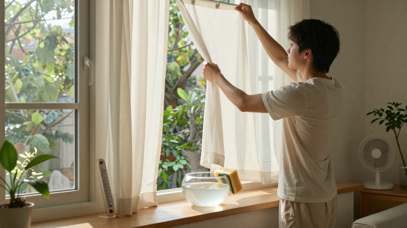 Junge zieht Vorhang an einem sonnigen Fenster mit Pflanzen und Wasser in einer Schale auf der Fensterbank.