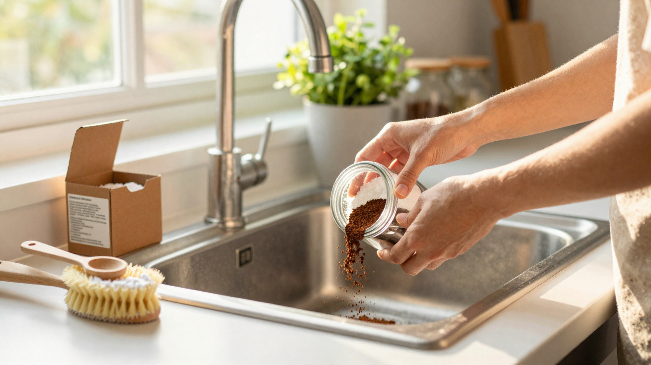 Person schüttet Kaffeesatz aus kleinem Glas über Spüle in moderner Küchenumgebung.