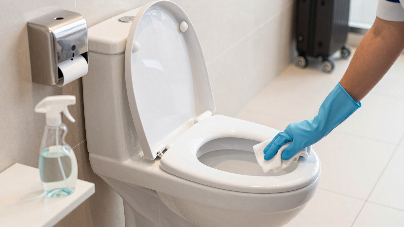 Hand mit blauer Gummihandschuh reinigt Toilettenrand mit Tuch in modernem Bad.