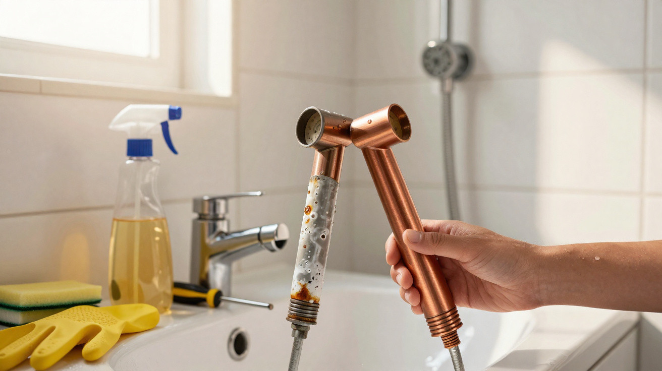 Hand hält verrosteten Duschkopf über Waschbecken mit Reinigungsmittel und Schwämmen im Badezimmer.