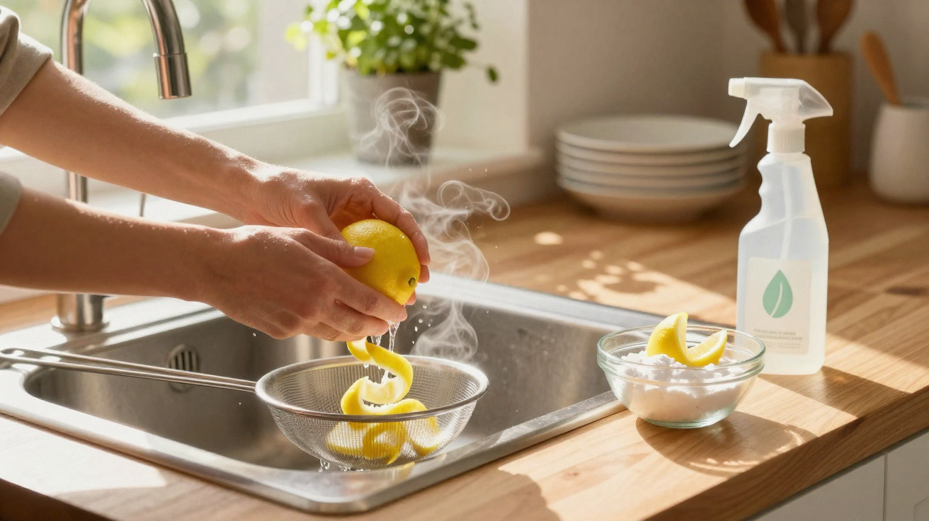 Person presst heiße Zitrone über Spüle mit Zitronenschalen, Schale mit Salz und Sprühflasche auf Holzarbeitsplatte.