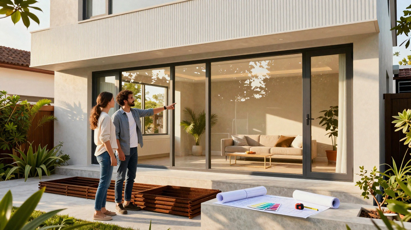Paar steht vor modernem Haus mit großen Fenstern und diskutiert Baupläne auf Terrasse.