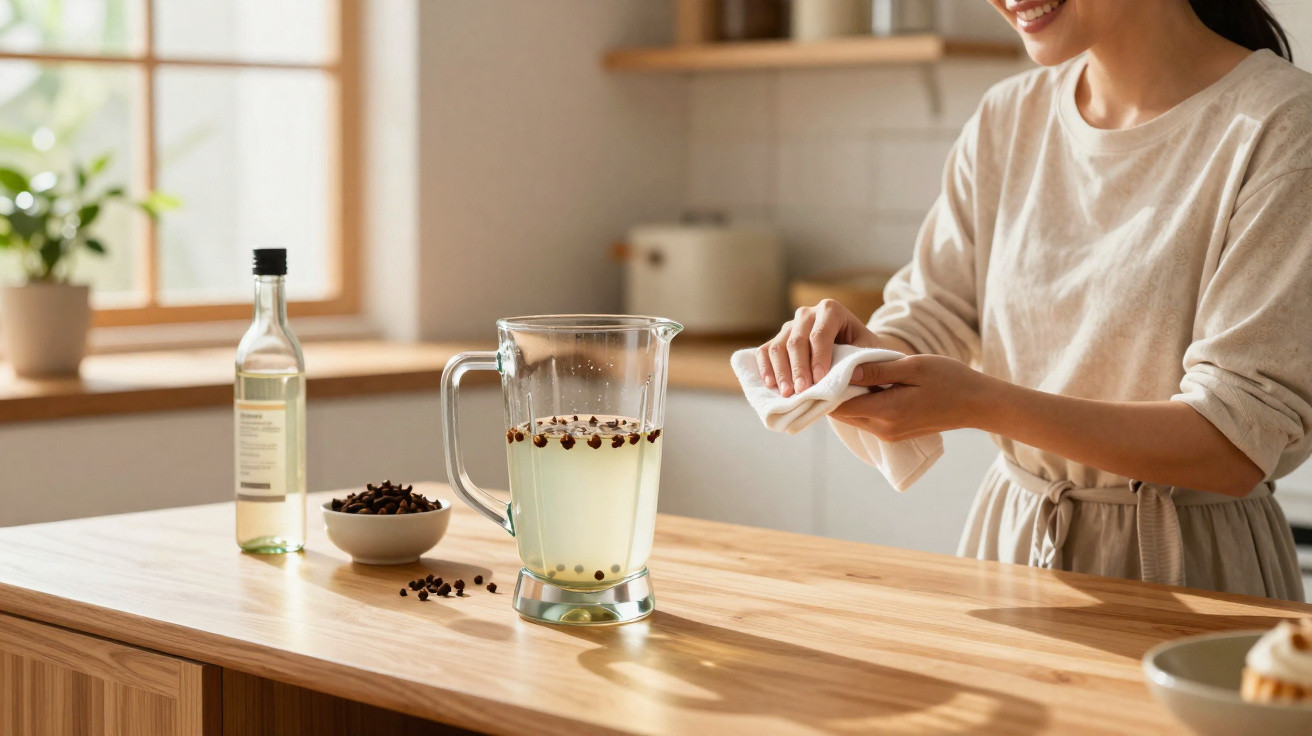 Frau wischt Küchentheke ab, auf der Karaffe mit Flüssigkeit und Gewürzen sowie Flasche und Schale stehen.
