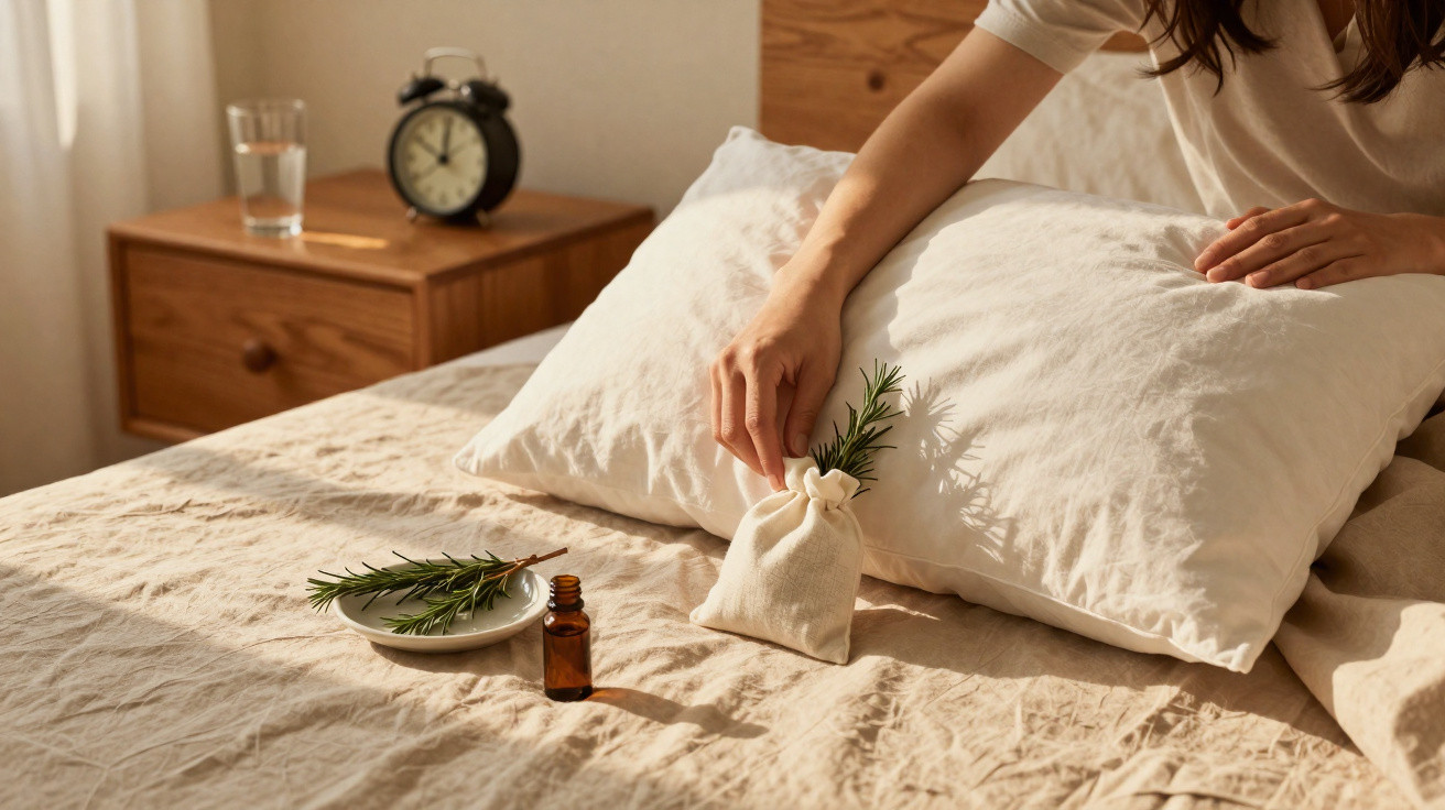 Frau legt Duftkissen mit Rosmarinzweig auf weißes Kopfkissen, Aromatherapie auf Bett im Schlafzimmer.