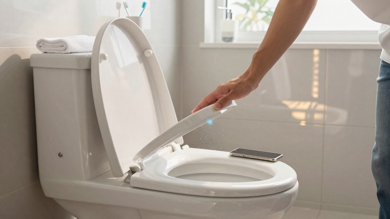 Hand hebt Toilettensitz in hellem Badezimmer, Smartphone liegt auf Toilettenrand.