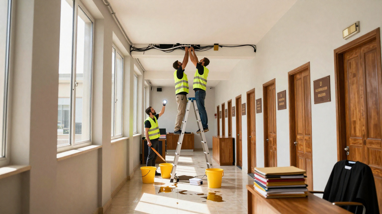Drei Handwerker mit Warnwesten installieren Kabel an der Decke in einem hellen Flur mit mehreren Türen.