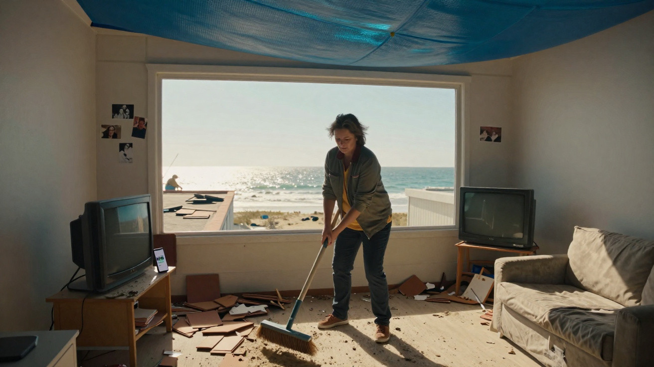 Person kehrt Boden in einem Zimmer mit Blick auf das Meer durch ein großes Fenster.