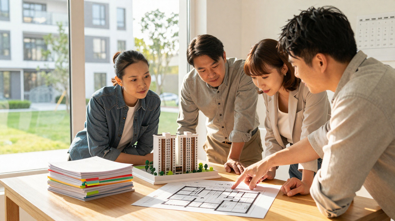 Vier Personen besprechen Architekturpläne und ein Miniaturgebäudemodell im hellen Büro am Fenster.