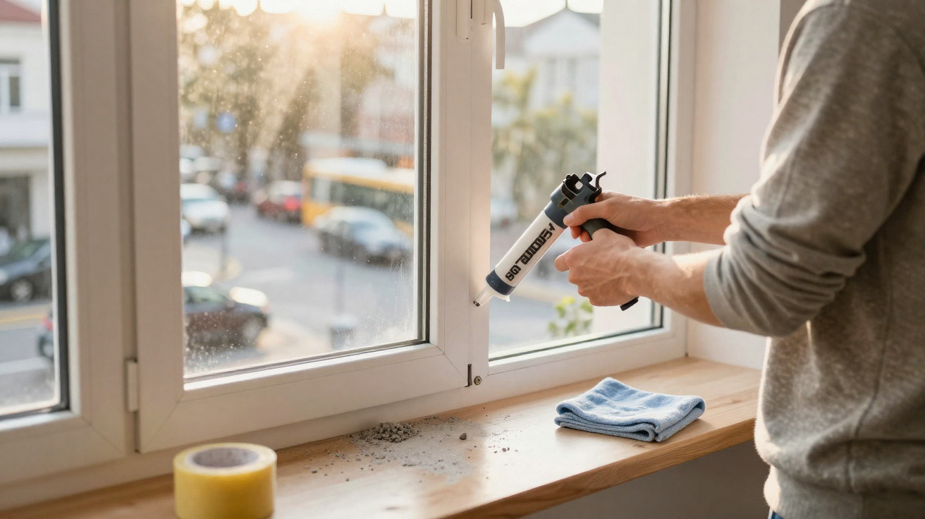 Mann dichtet mit Silikonpistole ein Fenster an einem hellen Fensterbrett mit Lappen und Klebeband ab.
