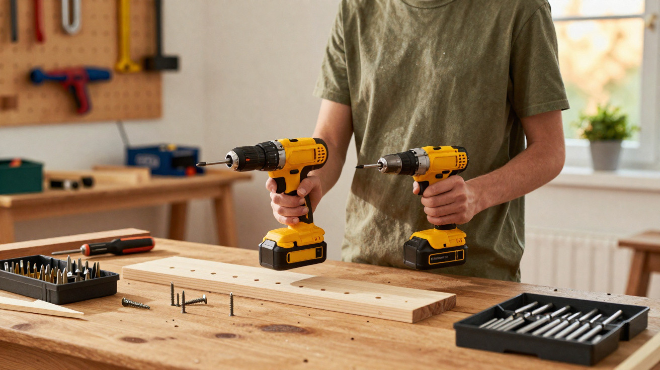 Person hält zwei gelbe Akku-Bohrmaschinen über einem Holztisch mit Schrauben und Holzbrett in Werkstatt.