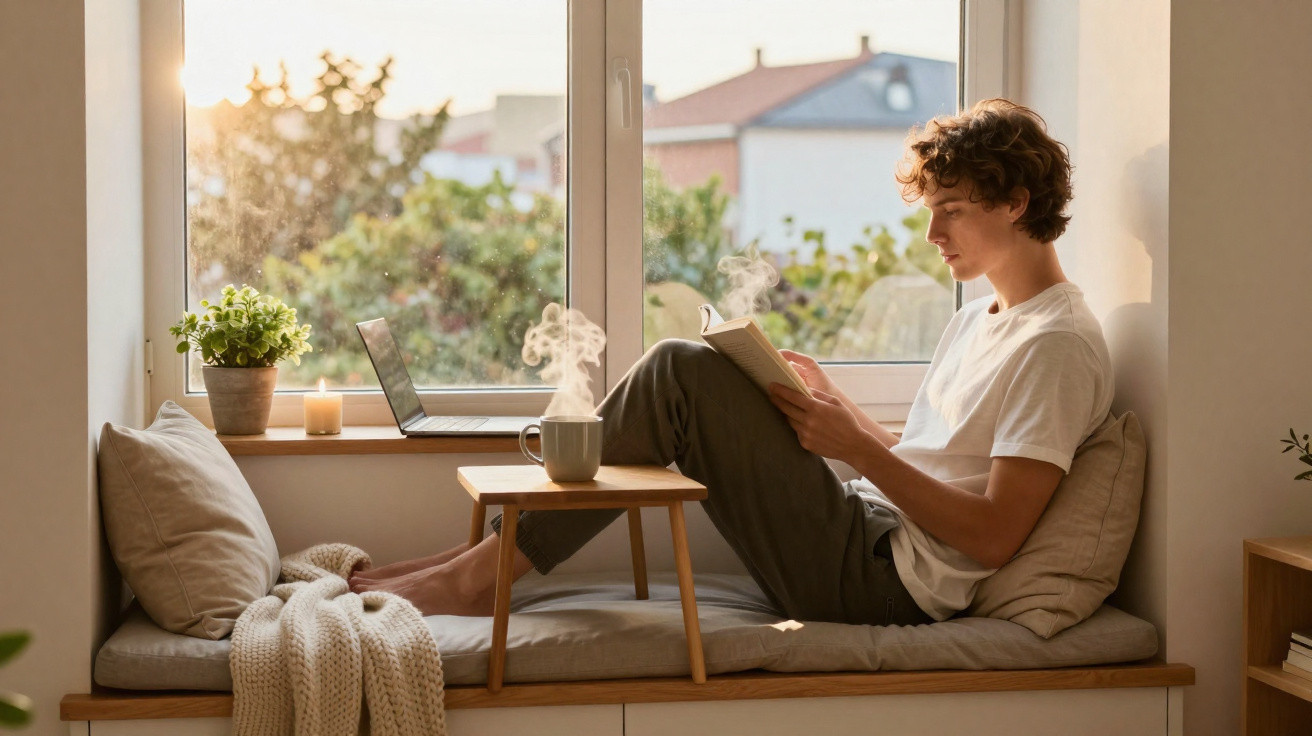 Junger Mann liest entspannt auf Fensterbank mit Kissen, Kaffee und Laptop im warmen Nachmittagslicht.