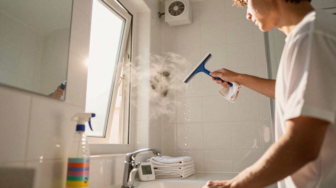 Person reinigt ein beschlagenes Badezimmerfenster mit einem Abzieher bei Tageslicht.