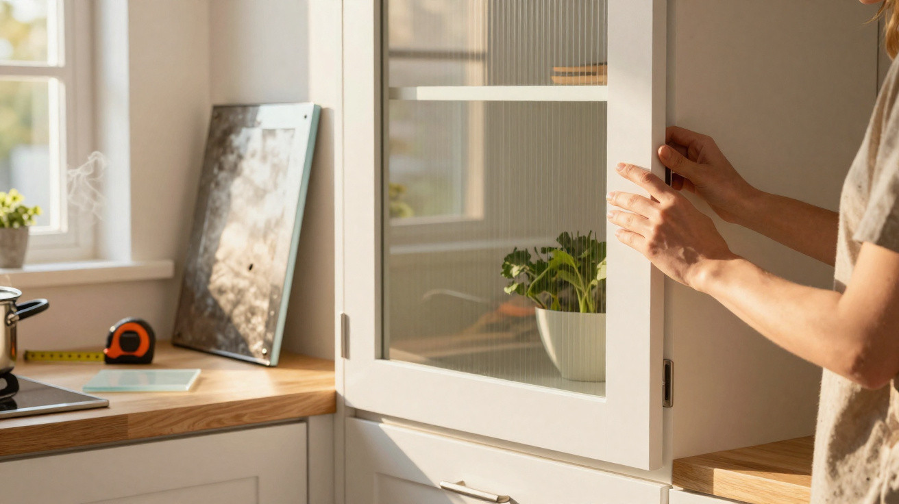Person öffnet Küchenschrank mit Glasfront, darin Pflanze, helle Küche mit Holzarbeitsplatte und Fensterlicht.