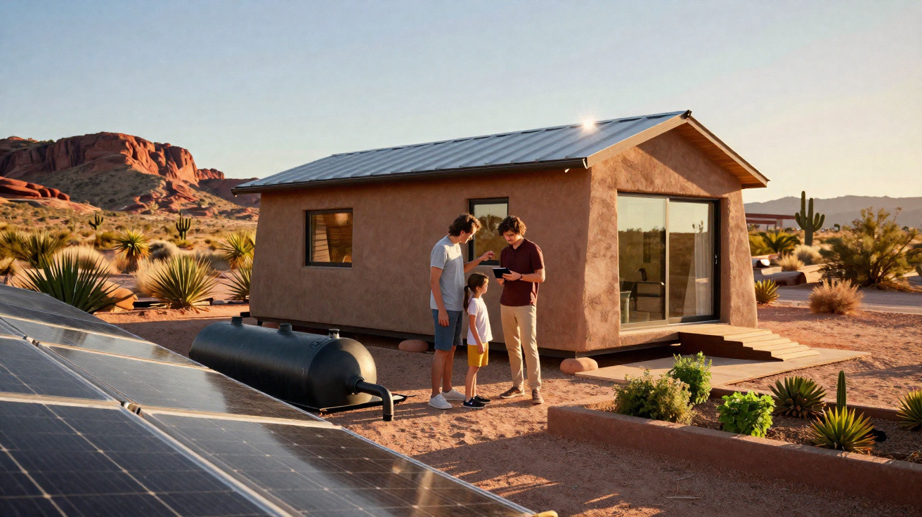 Drei Personen vor einem kleinen Haus in der Wüste mit Solarpanelen und Kakteen im Hintergrund.