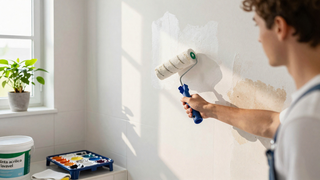 Person, die mit Farbrolle weiße Farbe auf eine Wand mit Flecken in einem hellen Raum aufträgt.