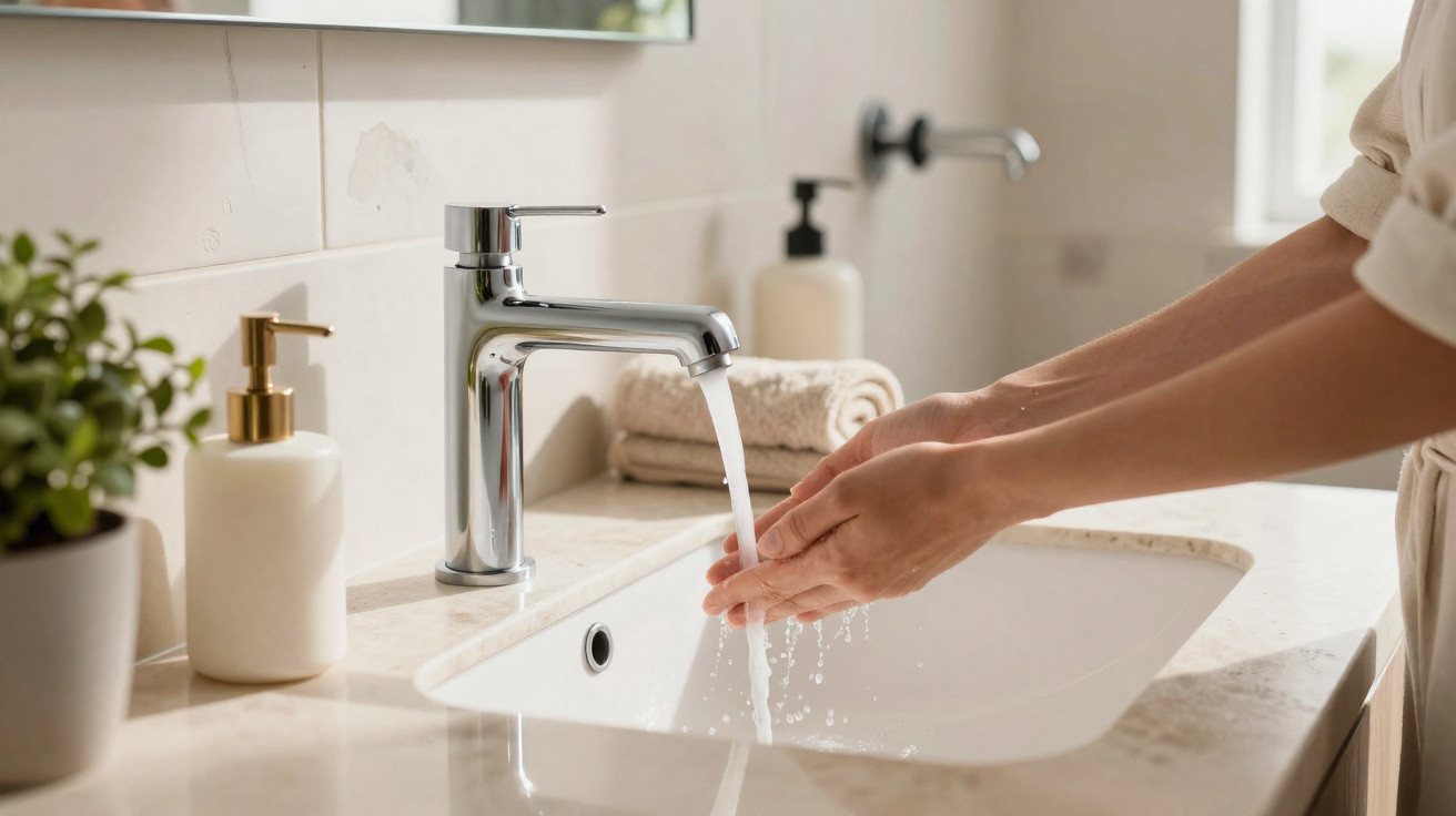 Frau wäscht sich die Hände unter fließendem Wasser an einem modernen Waschbecken im Badezimmer.