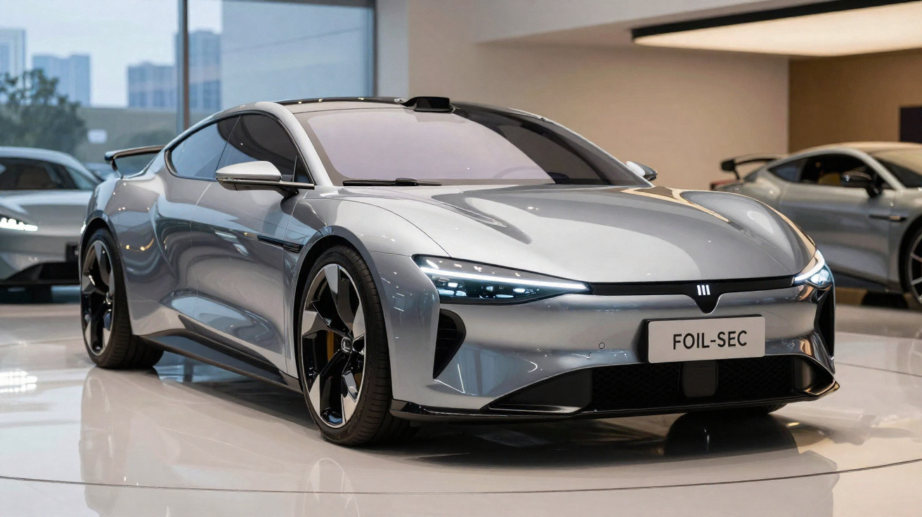 Silberner Sportwagen mit futuristischem Design in einem hellen Showroom stehend.