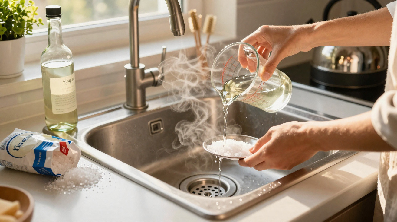 Person gießt heißes Wasser in ein Sieb mit grobem Salz über der Küchenspüle.