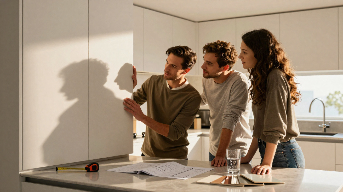 Drei Personen begutachten Küchenschrank und Schatten bei Renovierung in moderner Küche.