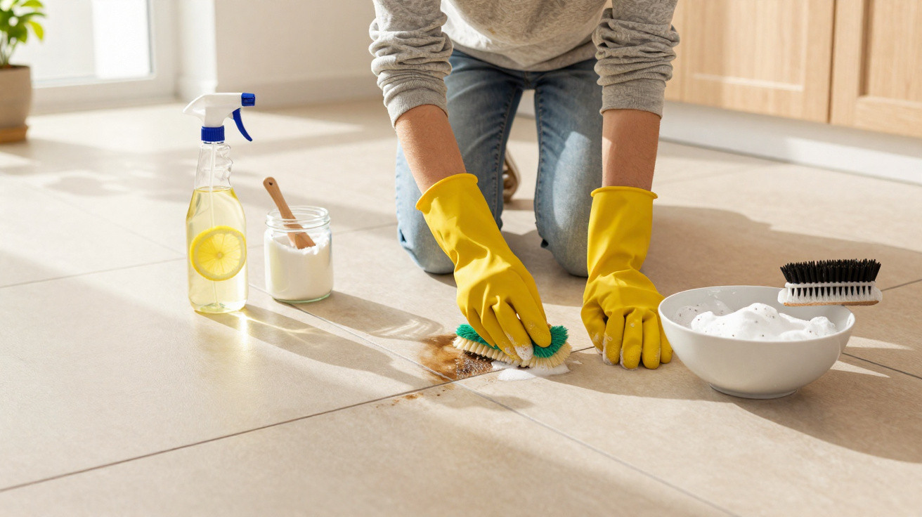 Person mit gelben Handschuhen schrubbt Fleck auf hellem Fliesenboden mit Bürste und Reinigungsmitteln.