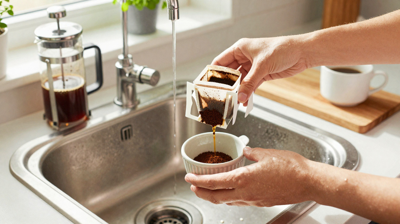Person gießt Wasser durch Filter mit Kaffeepulver über Spüle in kleine weiße Tasse zum Kaffeezubereiten.