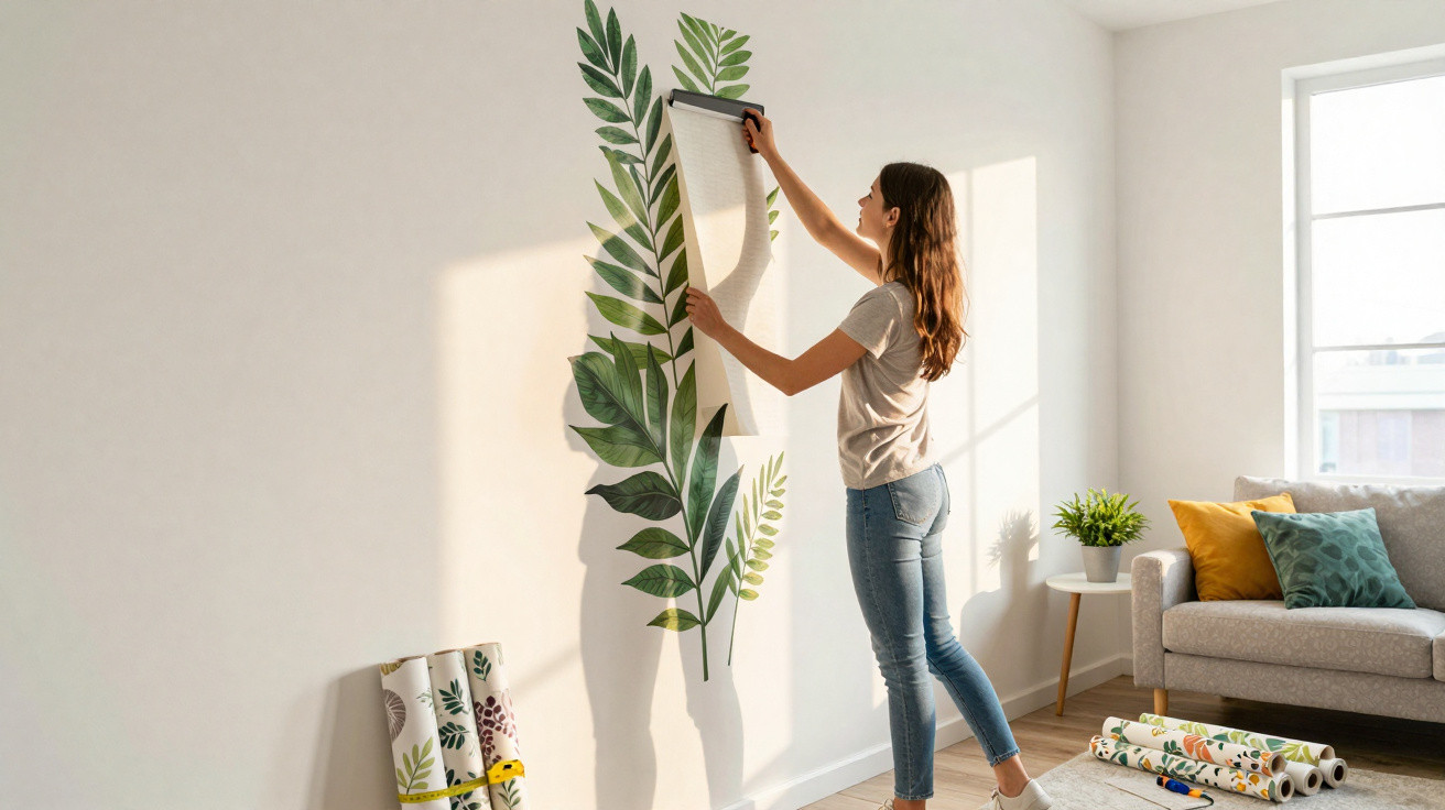 Frau bringt Wandtattoo mit großen grünen Blättern in hellem Wohnzimmer an weißer Wand an.
