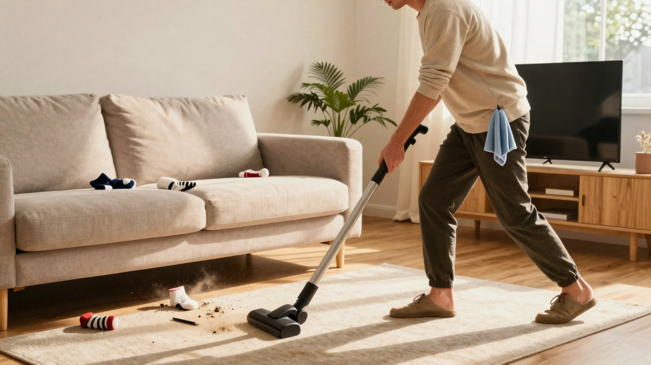 Person saugt Schmutz und Socken von einem Teppich im hellen Wohnzimmer mit Sofa und Fernseher auf.