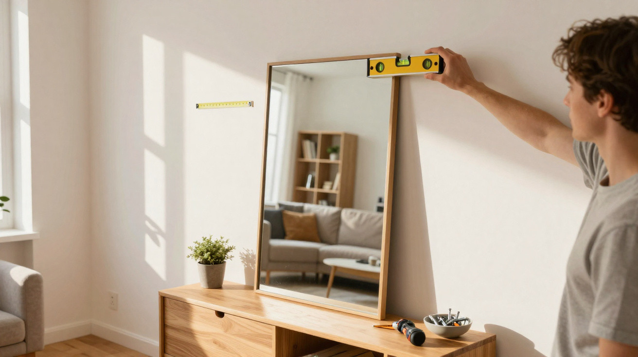 Mann misst mit Wasserwaage einen großen Spiegel über einem Holzsideboard in hellem Wohnzimmer.