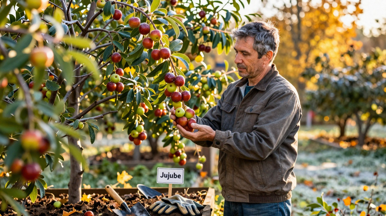 Ein Mann erntet reife Jujube-Früchte von einem Baum in einem Garten bei Sonnenlicht.