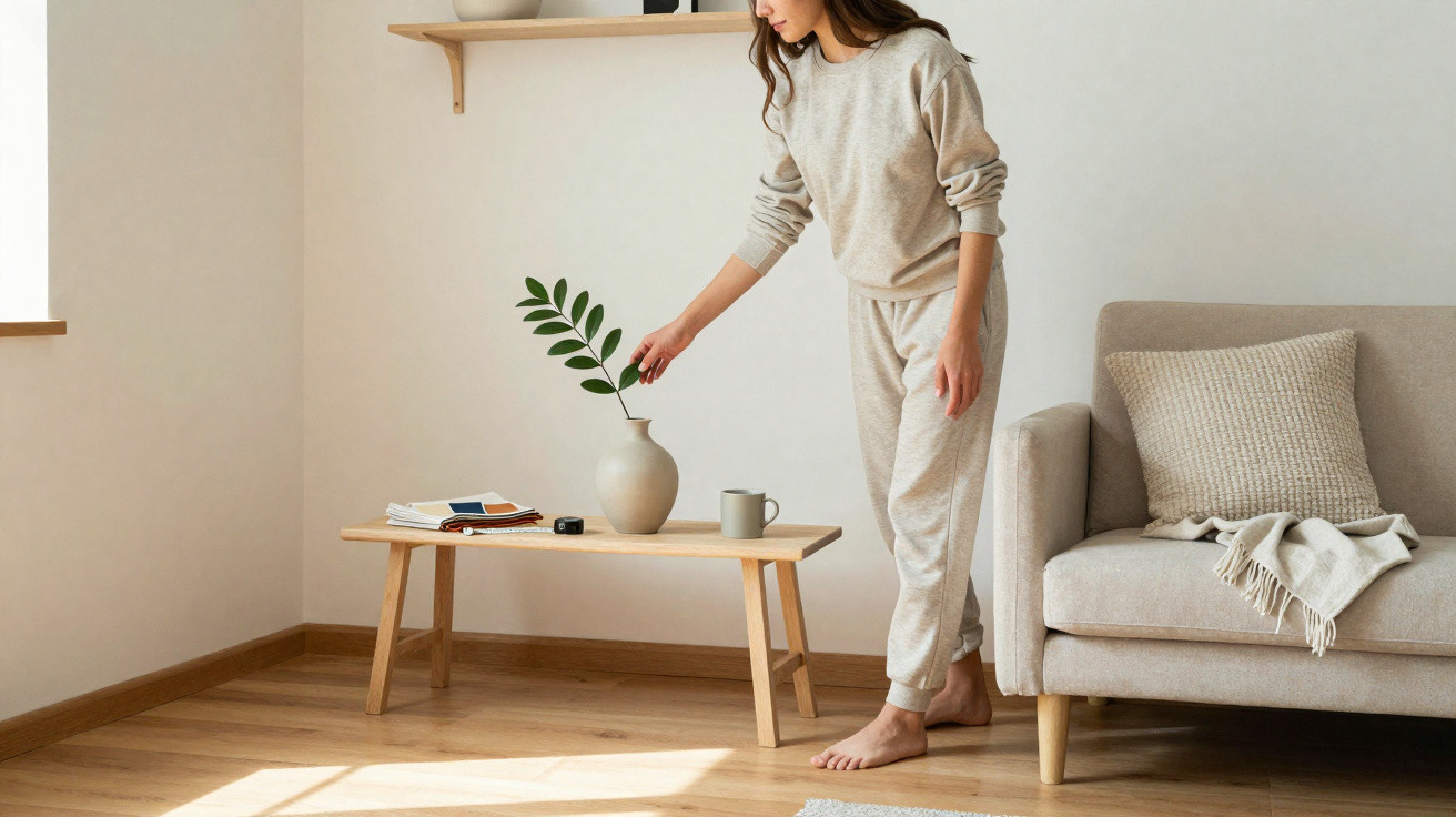 Frau in bequemer Kleidung stellt Zweig in Vase auf Holztisch im hellen Wohnzimmer neben Sofa.