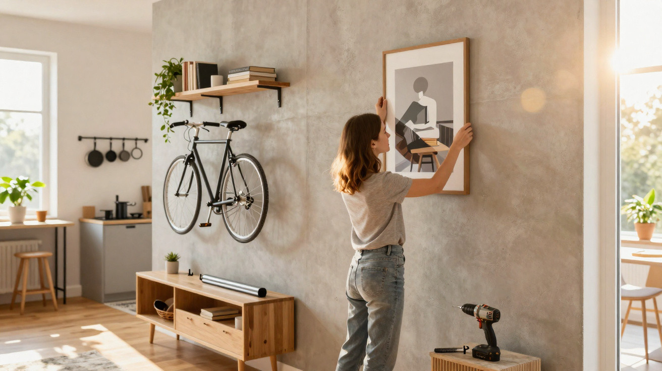 Frau hängt ein gerahmtes Bild an eine graue Wand in einem hellen, modernen Wohnzimmer mit Fahrrad.