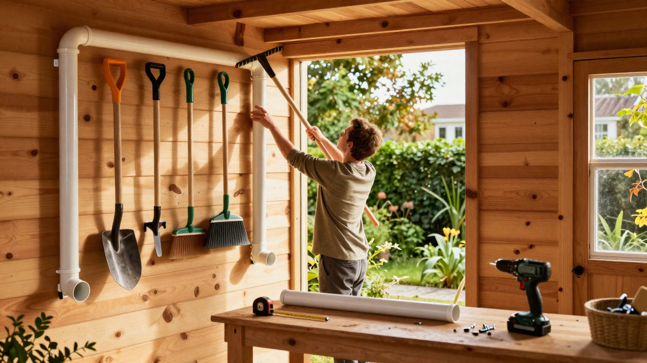 Junge in einem Holzschuppen hängt Gartengeräte wie Hacke und Besen an eine Wandhalterung.
