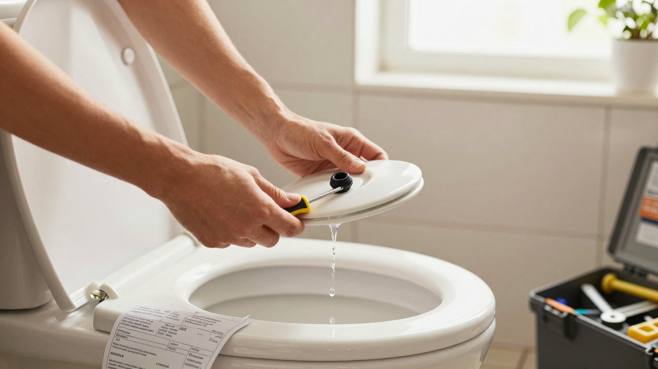 Person prüft Dichtigkeit eines Toilettendeckels mit Werkzeug über geöffnetem WC im Badezimmer.