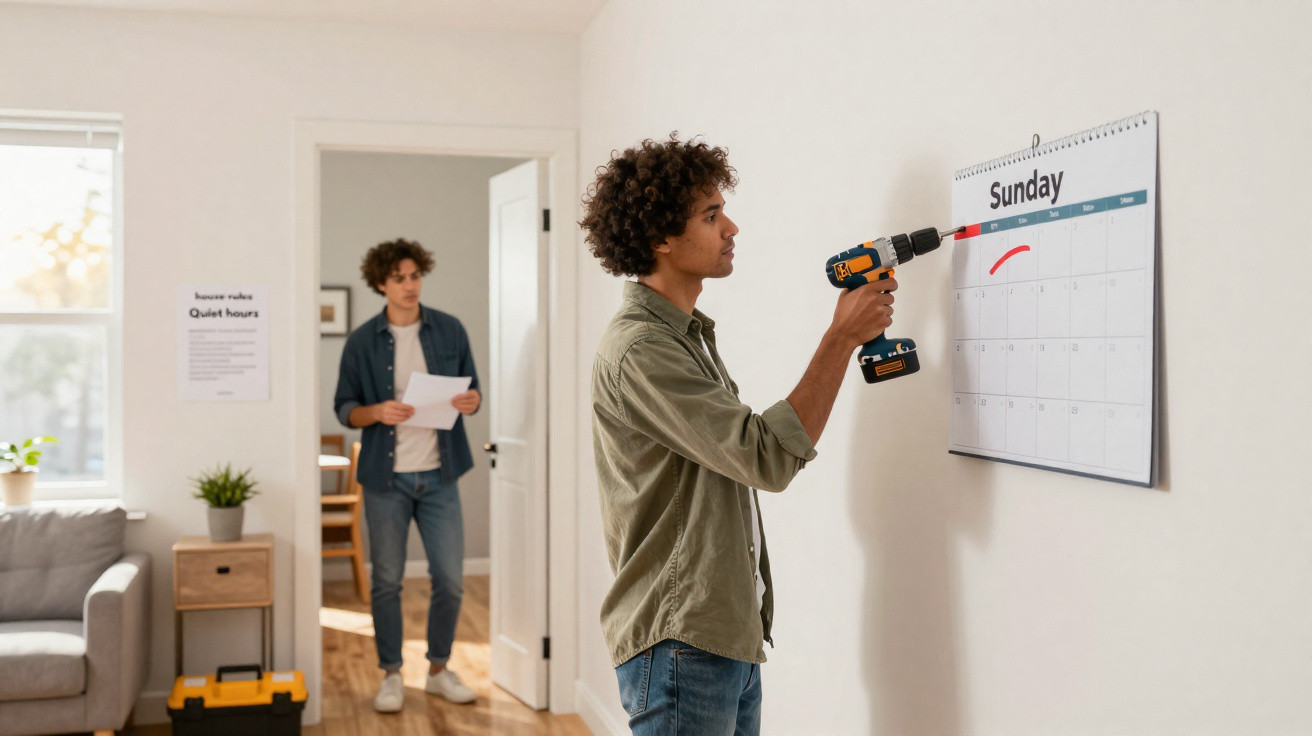 Mann bohrt an der Wand, neben ihm ist ein Kalender mit Sonntag und eine Person im Hintergrund mit Papieren.