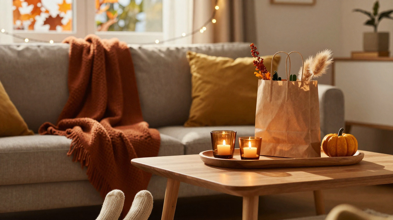 Gemütliches Wohnzimmer mit Sofa, orangefarbener Decke, Kissen, Kerzen und herbstlicher Dekoration auf dem Tisch.