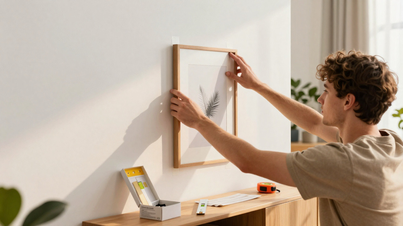 Junger Mann hängt einen Bilderrahmen mit Pflanzenmotiv an eine weiße Wand über einem Sideboard.