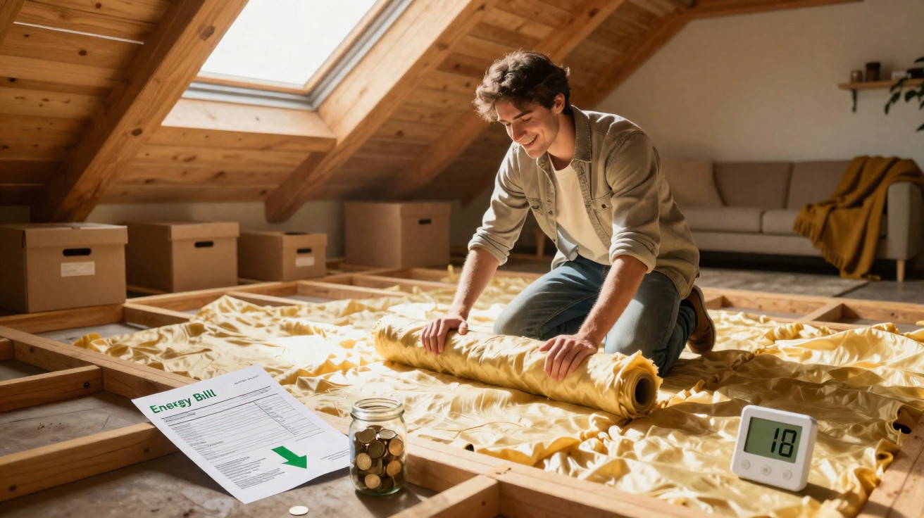 Mann verlegt Dämmmaterial im Dachgeschoss, um Energieverbrauch zu senken, daneben Sparglas und Thermostat mit 18 Grad.