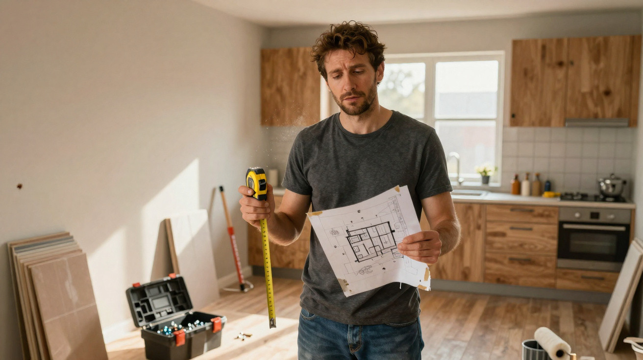 Mann misst mit Maßband einen Raum aus und betrachtet einen Bauplan in einer Küche mit Holzschränken.