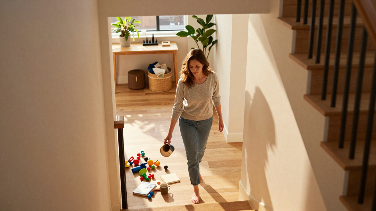 Frau läuft barfuß die Treppe hinunter, Handtasche haltend, neben spielzeug und Tasse auf hellem Holzboden.