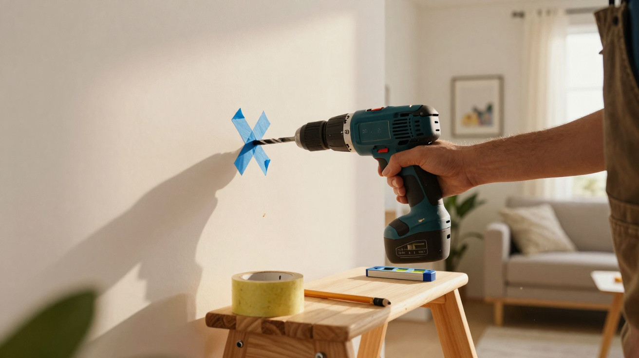 Hand hält Bohrmaschine und bohrt in Wand mit blauem Klebeband als Markierung in hellem Wohnzimmer.