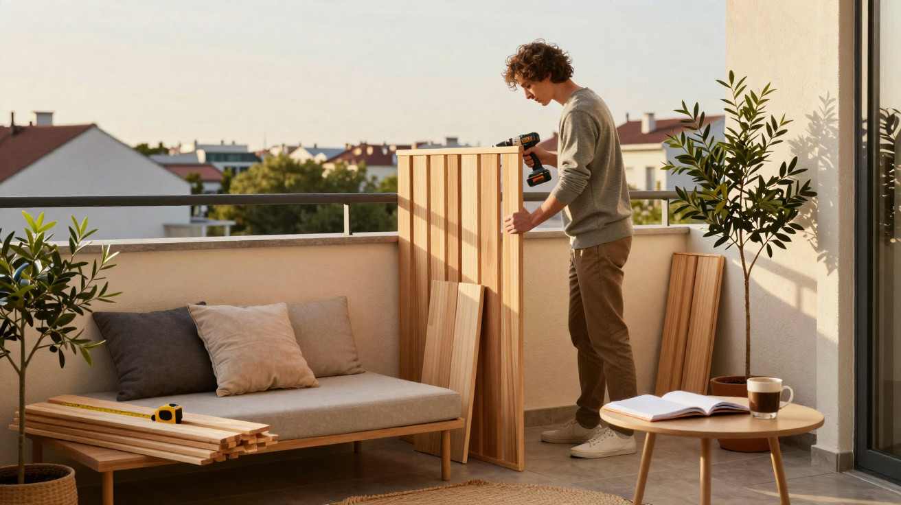 Mann mit Akkuschrauber baut Möbel auf einem Balkon mit Sofa, Tisch und Pflanzen bei Sonnenlicht.